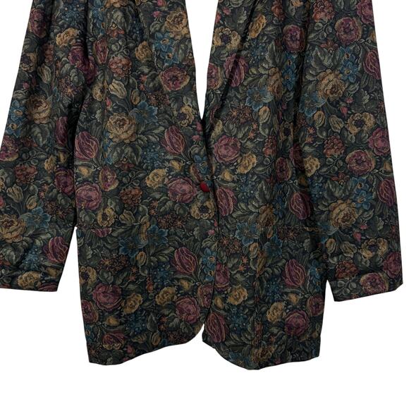 Vintage Floral Blazer, 1980s Jewel Tone Print Jacket Black Green Burgundy 12 USA - Picture 4 of 10